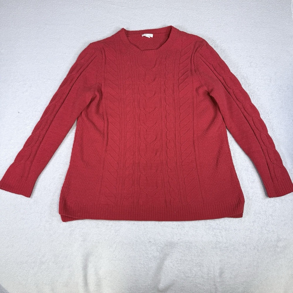 J Jill Chenille Cable Knit Sweater M Red Split Neck Soft Coastal Cottagecore